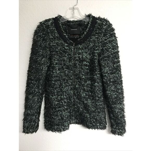 Maison Scotch Women Fuzzy Eyelash Zip Jacket Size 1 Small Green Black Lined - Picture 2 of 8